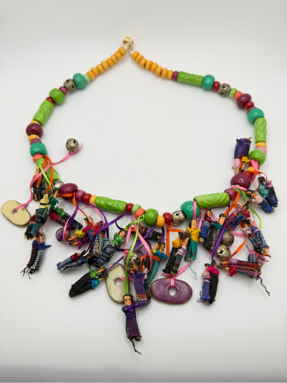 20" VTG possible Latin American/Guatemalan wood/metal bead w/ doll necklace!